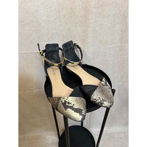 Nicole Womens Snakeskin Pointed Toe Ankle Strap Flats Black Neutral Size 8M